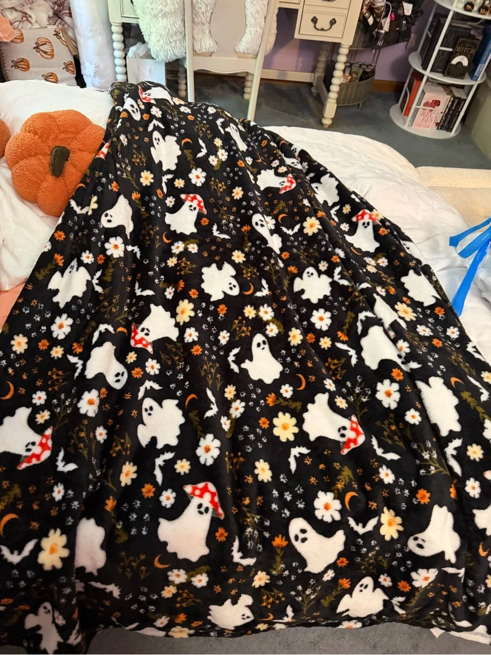 Halloween Ghost Fleece Throw Blanket - Black with White Ghosts & Orange Flowers
